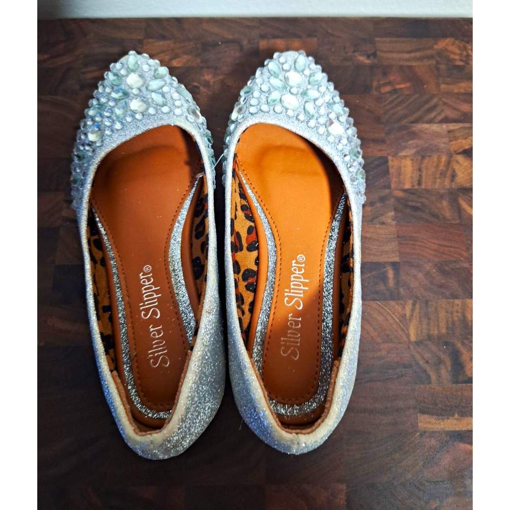 Silver Slipper Girls Size 12 Sparkle Rhinestone Pointed Toe Ballet Flats Silver